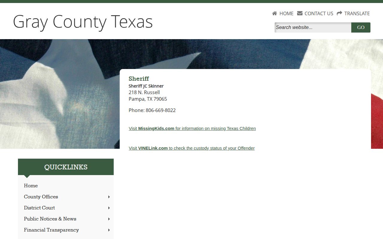 Gray County Sheriff official page for jail record and custody-routing information