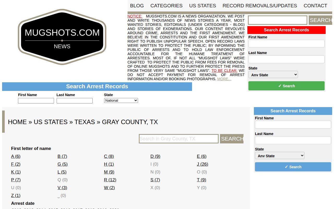 Historical Gray County booking-record listing on an unofficial third-party source