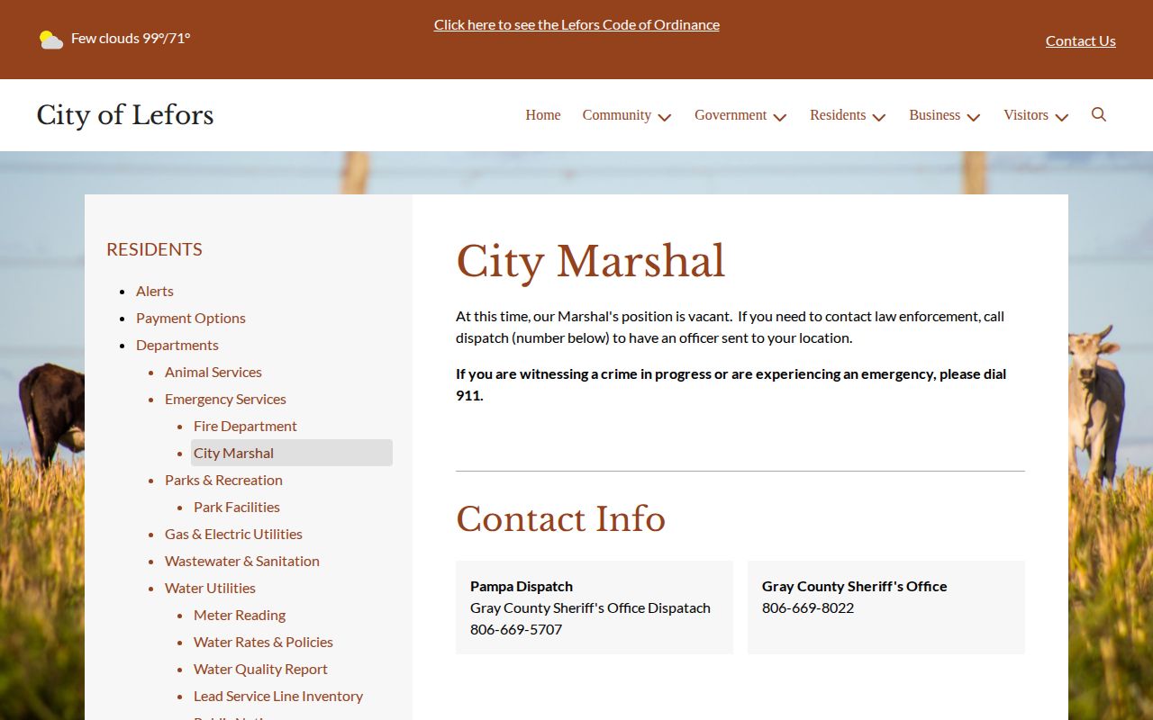 Lefors City Marshal notice showing vacant marshal position and county dispatch routing for arrest records